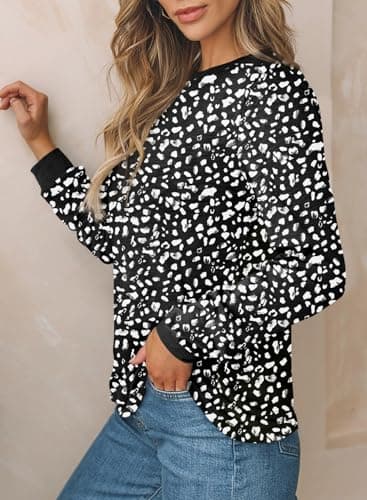 BLENCOT Long Sleeve Tops for Women Crewneck Leopard Print Casual Blouse Trendy Fall Sweatshirt Graphic Tunic Winter Clothing Ladies Blouse XX-Large Polka Dots Black - Thumbnail 3