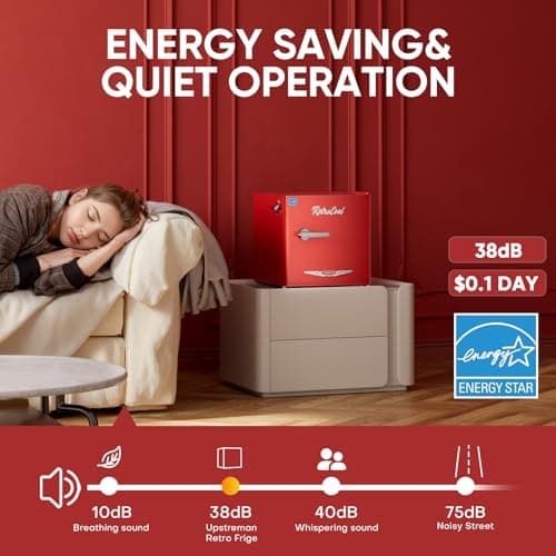 Upstreman 1.7 Cu.Ft Retro Mini Fridge, Low Noise, Energy Saving, Adjustable Thermostat, Single Door, Side Bottle Opener, Metal Handle, Compact Refrigerator for Office, Bedroom, Dorm-FR17 PRO (Red) - Thumbnail 4