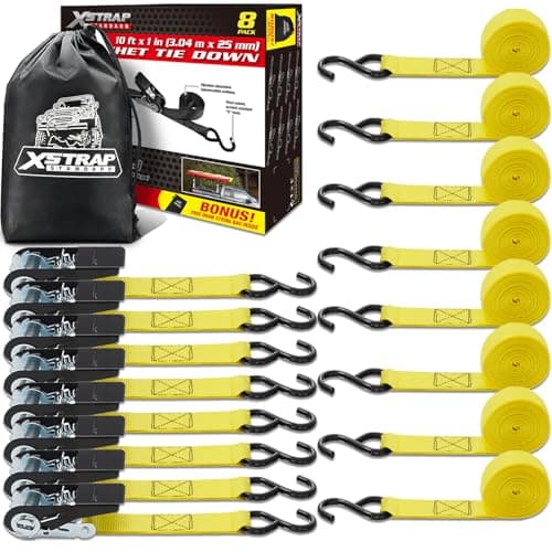 XSTRAP STANDARD Ratchet Tie Down Straps - 8PK - 1'' x 10 ft - 900 LB Break Strength Cargo Straps for Moving Appliances, Lawn Equipment, Motorcycle Yellow