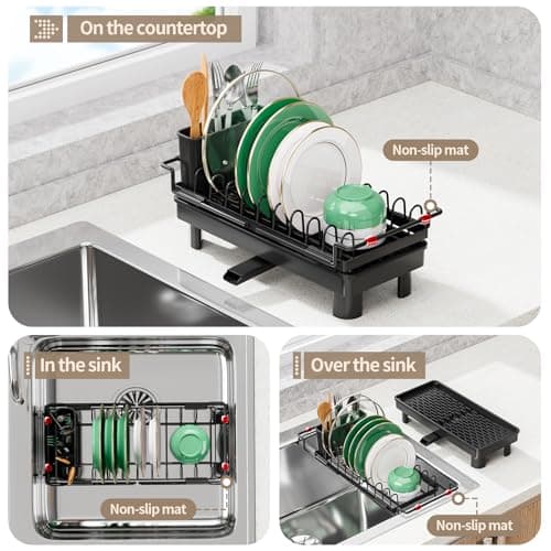 SanDream Dish Drying Rack, Small Over Sink Dish Drying Rack, Expandable Over the Sink Dish Drying Rack with Drip Tray for Kitchen Counter & in Sink - Thumbnail 2