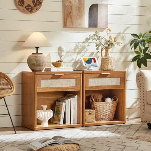 LEYAOYAO Rattan Nightstands Set of 2 with Charging Station, Natural Wood Night Stand with Drawer, 23" Wide Boho Bedside Table Open Cabinet, Bed Side Table Dresser for Bedroom, Living Room, Entrance - Thumbnail 4