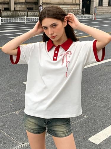 Bow Oversized Polo Shirts Women Doing My Best and Letting God Do Tshirts Pink Bows Coquette Aesthetic Tees - Thumbnail 5