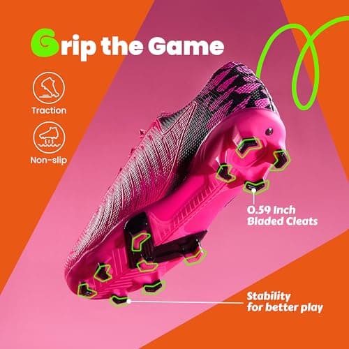 PATPAT Kids Soccer Cleats – Outdoor Firm Ground and Turf Football Training Shoes for Little Big Boys and Girls, Hot Pink/Black Sizes 4 - Thumbnail 3