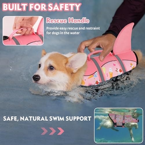 Dogcheer Dog Life Jacket, Cute Shark Dog Life Vest for Swimming Boating with Superior Buoyancy and Rescue Handle, Adjustable Puppy Floating Swim Vest for Small Medium Large Dogs - Pink Ice Cream, L - Thumbnail 3