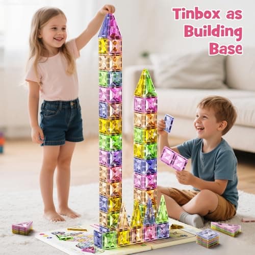 Magnetic Tiles for Kids Ages 4-8, Magnetic Blocks Travel Set with Diamond Surface & Metal Storage Box, 60PCS STEM Learning Toys, Educational Building Gifts for 3-8 Year Olds - Thumbnail 2