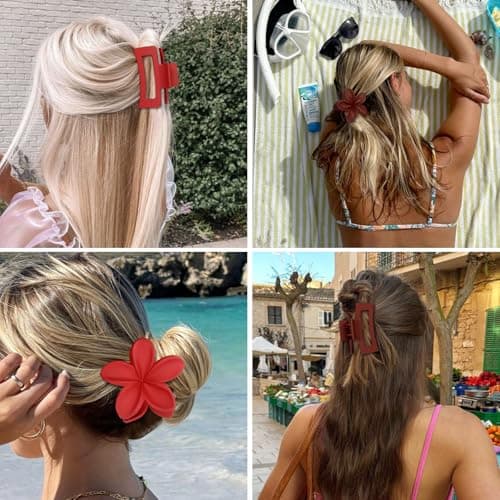 Flower Hair Clips for Women Square Claw Clips for Girls 2 Styles Hair Claw Clips for Thick or Thin Hair 6 PCS Hawaiian Hibiscus Rectangle Large Plumeria Medium Hair Accessories for Women (Red) - Thumbnail 5