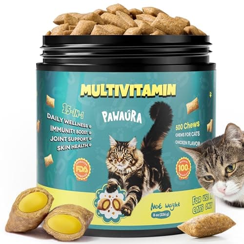 PAWAURA Cat Multivitamin Treats with Taurine – 500 Crunchy & Creamy Cat Vitamin Chews for Immune, Joint, Digestion, Skin & Coat Support – Daily Healthy Supplement for Cats of All Ages - Image 1