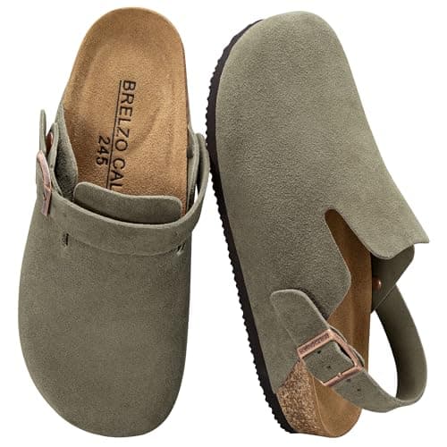 Womens Suede Clogs Mens Leather Mules Arch Support Potato Shoes Slip On Slipper Sandals with Adjustable Buckle for Outdoor Use, Green Size 10 - Image 1