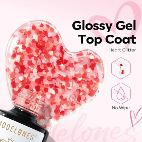 modelones Heart Glitter Gel Top Coat, 15 ML 2 in One No Wipe Clear Gel Nail Polish Red Pink Color Reflective Hearts Sequins Glossy Shine Long Lasting Soak Off Manicure Gift for Women - Thumbnail 2