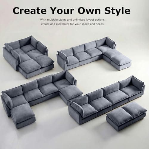 Iroomy Modular Sectional Sofa, U Shaped Chenille Cloud Couch Deep Comfy Seat, 6-Seater Sofas Couches for Living Room, Dusty Blue - Thumbnail 6