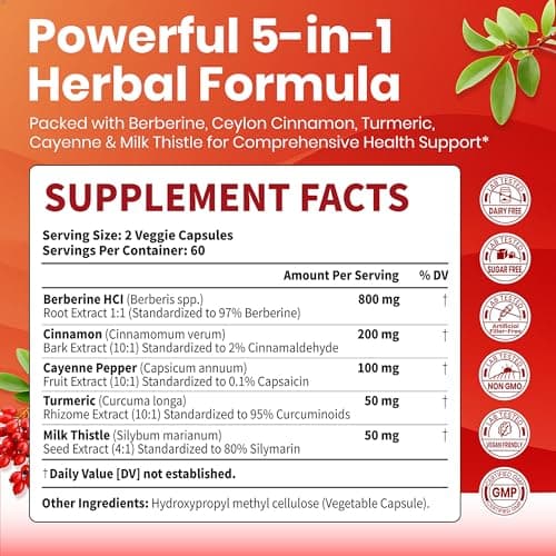VEV Berberine Supplement with Ceylon Cinnamon, Cayenne Pepper, Turmeric, Milk Thistle, Vegan & Non-GMO – 120 Capsules - Thumbnail 2
