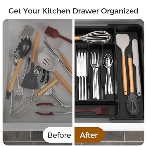 ukeetap Extra Large Expandable Silverware Organizer, BPA-Free Food-Safe Cutlery Flatware Organizer, Kitchen Utensil Drawer Organizer, Adjustable Silverware Holder for Spoons Forks Knives, Black - Thumbnail 6