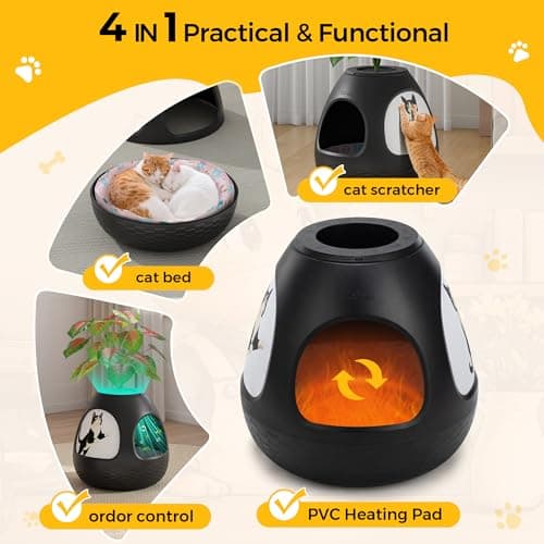 Copod8 Cat Bed Heated Pet Cave 4-in-1 Kitty Warming House Condo with Replaceable Scratching Board, Heating Pad and Air Purifier for Indoor Cats Rabbits Guinea Pigs Small Dogs (Black) - Thumbnail 2