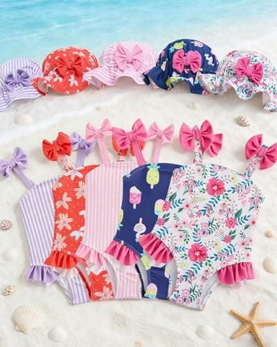 DivingBirds Baby Girl Swimsuit with Sun Hat & Headband Set, Infant One Piece Bathing Suit Newborn Summer Beach Gift,Black Ice Cream,3-6 Months - Thumbnail 4