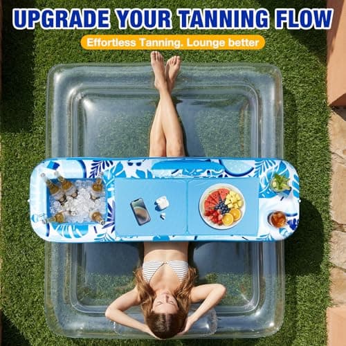 Ayeboovi Floating Tray for Tanning Pool Float - 61" L x 18" W Non-Slip Inflatable Sunbathing Bed Tray with Cooler Ice Bar for Tanning Lounge Raft & Blow up Suntan Tub Water Floatie, Party Gifts - Thumbnail 3