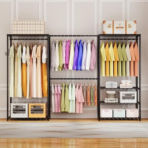 ecobedding Heavy Duty Garment Rack, 1000LBS Max Load Freestanding Closet Organizer with 6 Storage Shelves & 3 Adjustable Hanging Rods, Multifunctional, Glossy Black, 15.75" D x 70-88.5" W x 76.5" H - Thumbnail 4