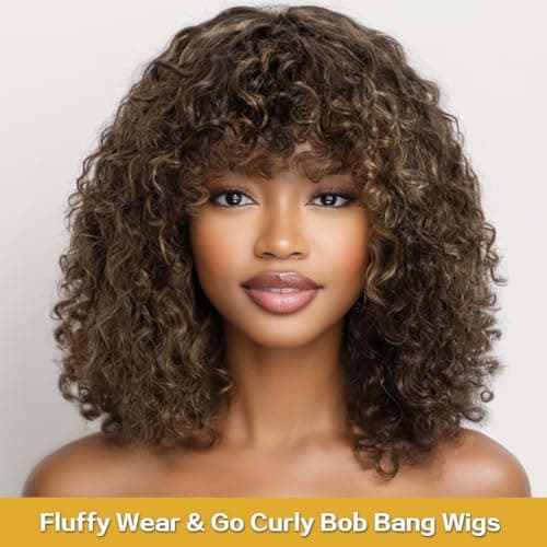 JOEDIR HAIR Fluffy Wig Human Hair Wigs for Black Women Wear and Go Afro Curly Bob Wig with Bangs 12 Inches Water Wave Glueless Wigs 250% Density (F4/27 Ombre Brown) - Thumbnail 2