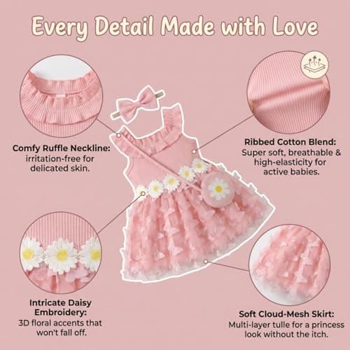 Infant Toddler Girl Summer Dress Boho Butterfly Floral Tulle Tutu Dress Set with Matching Bag & Bow, Sleeveless Ruffle Sun Dress for Beach & Photos Pink 9-12Months - Thumbnail 6