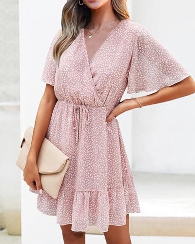 KIRUNDO Womens Summer Dresses 2026 Casual Spring Short Sleeve V Neck Ruffle Floral Print High Waist Belted Flowy Mini Dress(X-Large, Pink) - Thumbnail 6