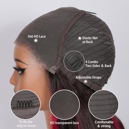 Red Burgundy Highlight Wigs Human Hair Ombre Skunk Strip Body Wave Red And Black 9x6 Glueless Lace Closure Colored Wig Human Hair 9x6 HD Lace Frontal Wigs 200 Density Pre Plucked For Women 28 Inch - Thumbnail 5