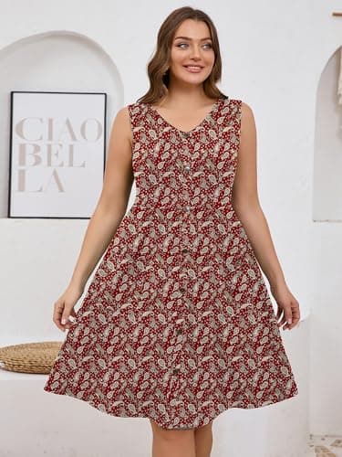 AusLook Plus Size Women Summer Dress Sleeveless V Neck Casual Cute Loose Sundress Red Paisley 5X Comfy Swing Button Down Midi Work Flowy Tunic Ladies Beach Vacation Teacher Dresses with Pockets - Thumbnail 5