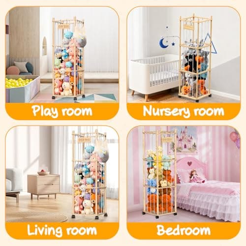 Stuffed Animal Storage Organizer, Wooden Plushies Toy Zoo Holder with Wheels, Large Capacity Storage Tower for Toys, Mobile Toy Holder Cage for Kids Playroom, Nursery, Toddler Room, 3 Tier, Natural - Thumbnail 6