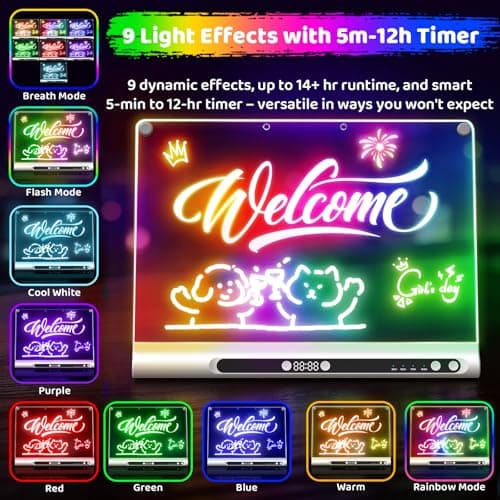 16“ Rechargeable LED Drawing Board, 9-Color Light Modes with Timer & Built-in Stand, Neon Art Dry Erase Glow Up Doodle Note Pad, Sketching Gift Toy for Kids/Girls/Teens, 6 Markers & Tracing Book - Thumbnail 2