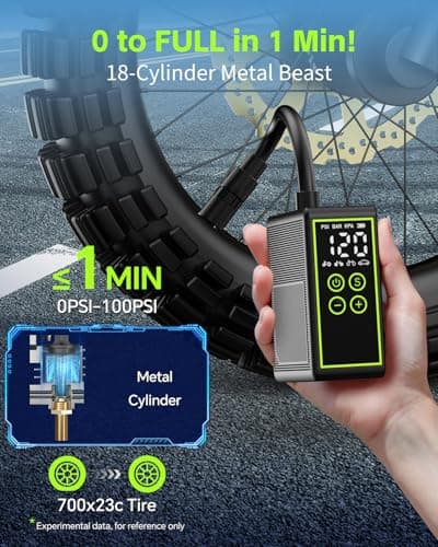Yetour Bike Pump - Metal-Cylinder 150PSI Portable Electric Pump with Pressure Gauge, Rechargeable Mini Bicycle/Moto Tire Inflator, 0 to Full in 1 Min20s for Adult Bikes - Thumbnail 2
