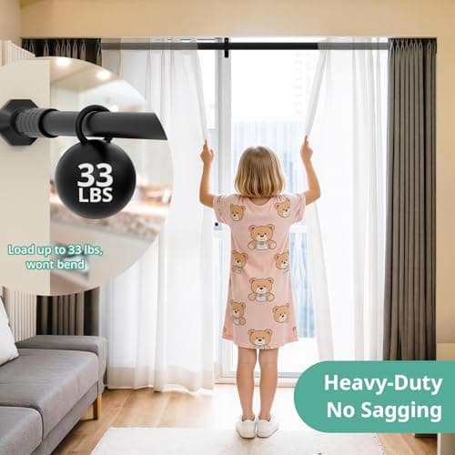 ZYLQOVISK Outdoor Curtain Rod 51-168 In, Extra Long Tension Curtain Rod No Drilling for Patio, Bathroom, Window, Adjustable Heavy Duty Tension Rod Never Rust, Spring Shower Rod Diameter 1.26 In, Black - Thumbnail 3