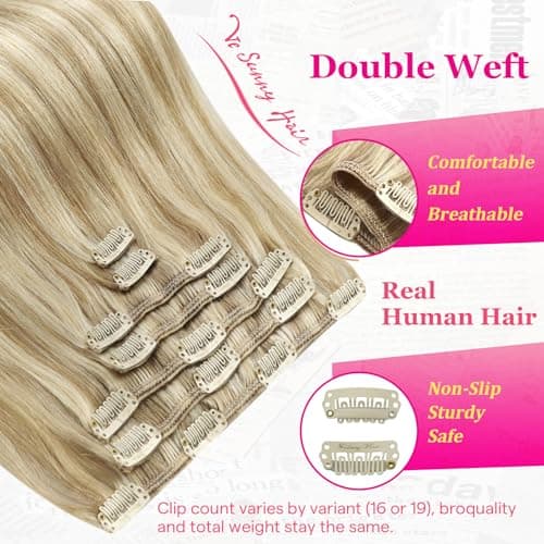 Ve Sunny Human Hair Clip in Extensions Dark Blonde Highlights Golden Blonde Remy Hair Extensions Real Human Hair for Women Clip in Hair Extensions for Short Hair 12 Inch 85g 5pcs - Thumbnail 6