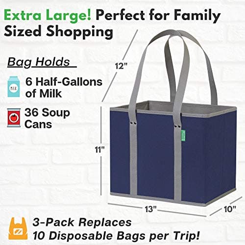 Reusable Grocery Bags (3 Pack) – Heavy Duty Reusable Shopping Bags with Box Shape to Stand Up, Stay Open, Fold Flat – Large Tote Bags are Foldable with Long Handles & Hard Bottom (Navy Blue) - Thumbnail 4