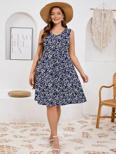 AusLook Plus Size Women Summer Dress Sleeveless V Neck Casual Cute Loose Sundress Vine Flower 2X Comfy Swing Button Down Midi Work Flowy Tunic Ladies Beach Vacation Teacher Dresses with Pockets - Thumbnail 4
