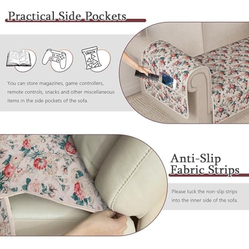 ALIECOM L Shaped Couch Cover for Sectional Sofa Waterproof Sofa Slipcover Non Slip Corner Couch Covers for Dogs Cats (Large, Floral Red) - Thumbnail 4
