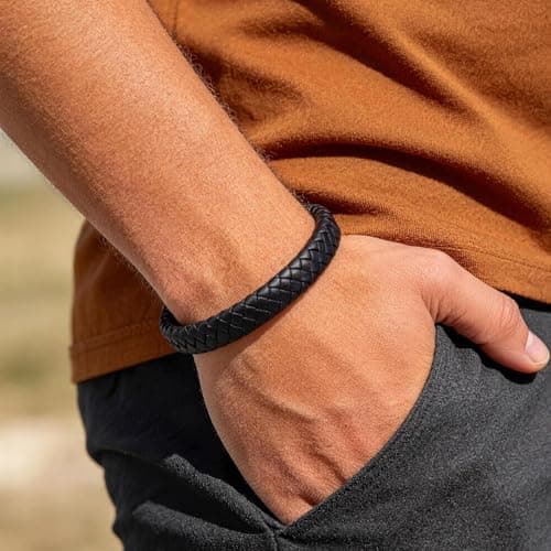Christian Cross Black Braided Leather Bracelet for Men, Inspirational Mantra Engarved Handmade Braided Bangle Adjustable Cuff Bracelet Motivational Wristband Faith Religious Jewelry Gift for Men, Philippians 4:13 - Thumbnail 3
