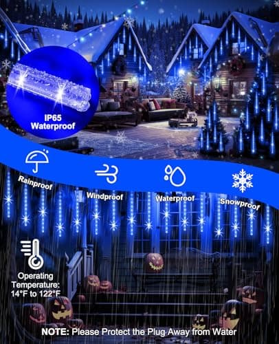 EAGWELL Christmas Lights Outdoor 16 Inch Meteor Shower Rain String Lighting, 20 Tube 960 LEDs Icicle Tree String Decor for Halloween Yard Party Patio Xmas Decoration,Blue - Thumbnail 5