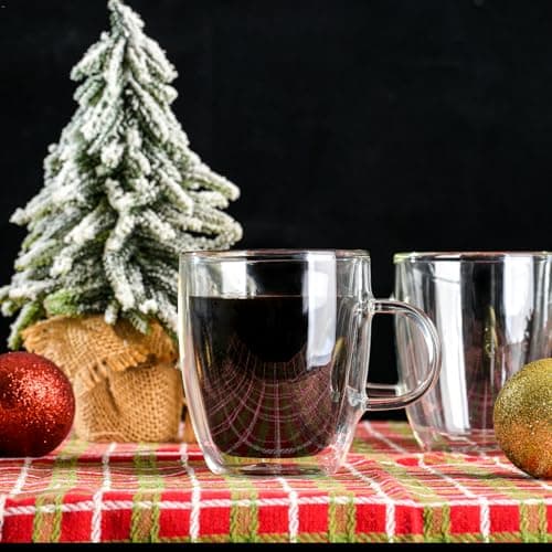 Wlasss Double Wall Insulated Glass Coffee Mugs set of 4-13 oz Clear Hand Blown Glass Coffee Cups with Handle for Cappuccino, Latte,Espresso,Tea Bags,Americano,Beverages, Gifts for Christmas - Thumbnail 4