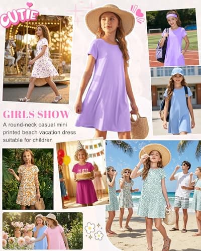 Girls Round Neck Summer Floral Short Sleeve Dress Kids Casual A line Beach Spring Dress with Pockets 2026 Red Flower Stamen 15-16 Years - Thumbnail 4