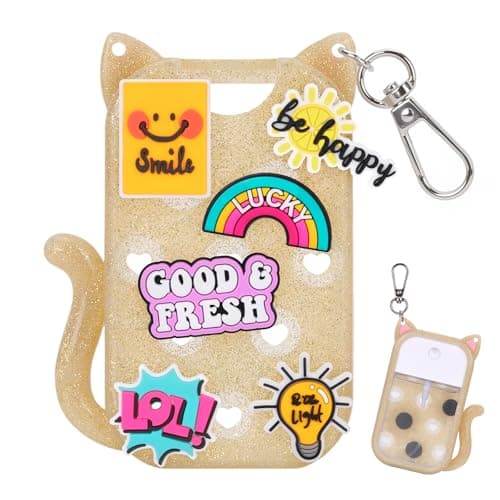 FunisFun Glitter Silicone Holder Case Compatible with Hand Sanitizer Spray 1 Fl. OZ., Adorable Cat-Shaped Keychain with 6 Charms (Gold) - Image 1