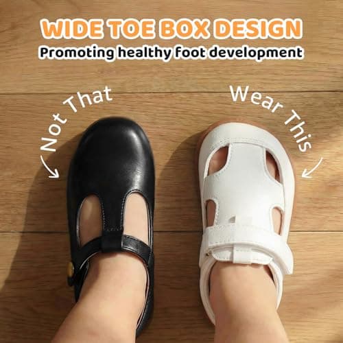 STQ KIDS Toddler Wide Toe Box Girls Sandals Baby Flats Zero Drop with Hook and Loops Non-Slip Summer School Uniform Shoes White Toddler 9 - Thumbnail 5
