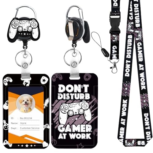 JroyJoy ID Badge Holder with Lanyard & Heavy-Duty Retractable Reel – Original & Unique Design, Gamer at Work, Fits School ID Badge, Name Card, Work ID for Nurses, Teachers, Students, Office Workers