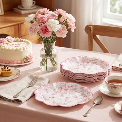 NatNarr 30 Pcs Pink Floral Paper Plates, 7 inch Tea Party Plates Vintage Flower Toile Plate Pink and White Dessert Plate Disposable for Baby Bridal Shower Birthday - Thumbnail 6