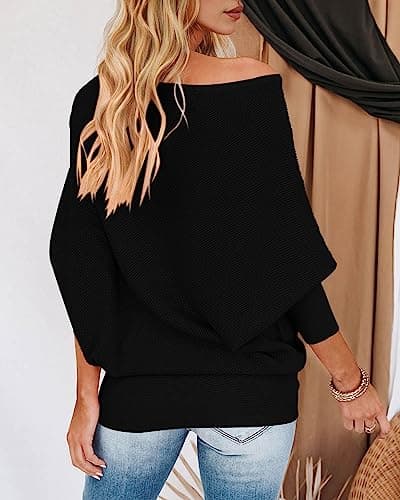 Zenlonr Women's Fall Winter Sweaters 2026 Casual Long Batwing Sleeve Loose Off Shoulder Knit Pullovers Jumper Tops(Black,Small) - Thumbnail 5