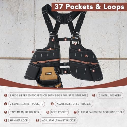 KUNN Leather Tool Vest for Men – Adjustable 37-Pocket Work Vest for Electricians, Carpenters, and Construction Workers - Thumbnail 3