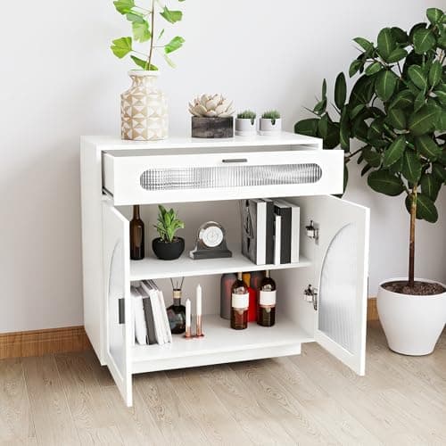 ALWXIA Sideboard Buffet Cabinet with Storage, 31.5” Farmhouse Curved Design Accent Cabinet with Acrylic Doors & Adjustable Shelves, Modern Coffee Bar (Sideboard W/Drawers_White, 1Pc) - Thumbnail 5