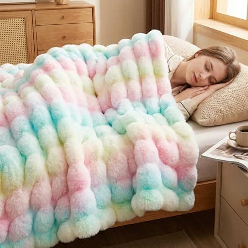 DREAMNINE Soft Faux Bubble Rabbit Fur Throw Blanket for Couch, Thick Cozy Decorative Colorful Warm Fuzzy Fur Blanket for Sofa Chair Bedroom Living Room Dorm Women Gift, 50 * 60 Inches, Rainbow - Image 1