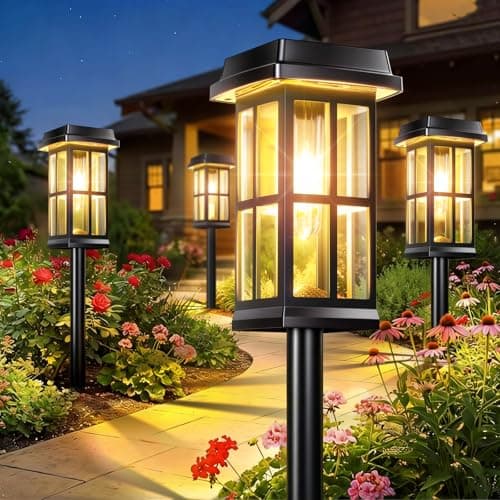 Garpar Solar Pathway Lights Outdoor 8 Pack, Decorative Window-Style Solar Garden Lights with Metal Pole, 2 Modes, 3500K Warm White Solar Path Lights for Yard Walkway Driveway Patio, Up to 18Hrs