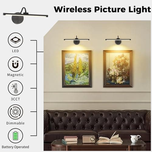 7Degobii Wireless Picture Light 13.5 inch for Gallery Walls 2 Set– Easy-Install, Battery-Powered Frame Light for Paintings, Portraits, and Home Decor Black - Thumbnail 5