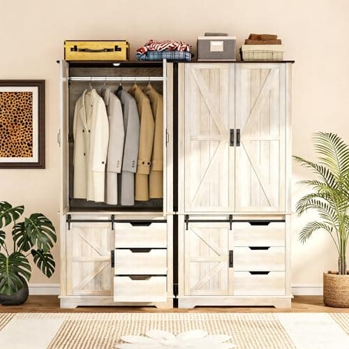 71" Tall Farmhouse Wardrobe Closet with Sliding Barn Doors, 2 Cabinets & 3 Drawers – Rustic Armoire for Bedroom, Spacious Closet Wardrobe with Doors for Clothing, Shoes & Storage, Antique White - Image 1