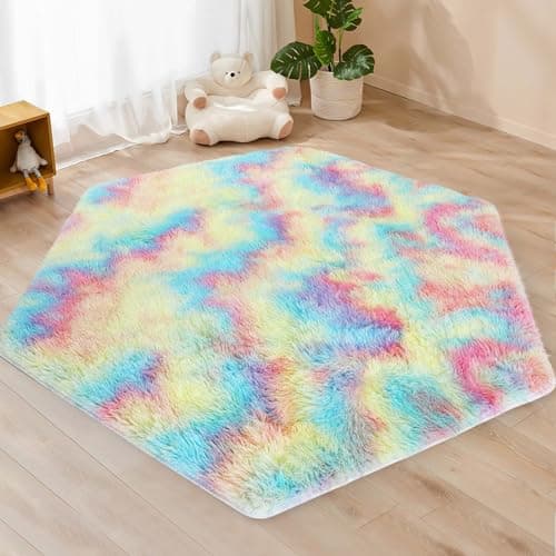 Monobeach Pink Kids Rug for Nursery Children Room Decor Ultra Soft Hexagon Carpet for Princess Tent for Girls Baby Play Mat for Floor 55”x 47” (Rainbow Hexagon, 55”x 47”) - Image 1