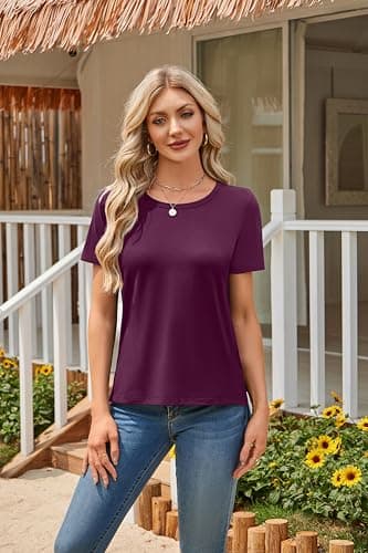 Herou Summer Tops for Womens Short Sleeve T-Shirt High Low Hem Tees with Side Split (Maroon, Large) - Thumbnail 2